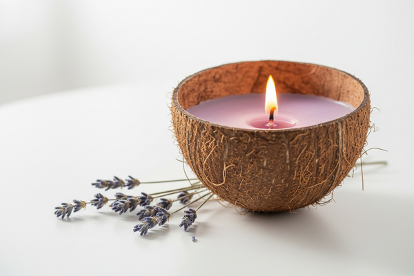 Lavender aroma candle in coconut shell
